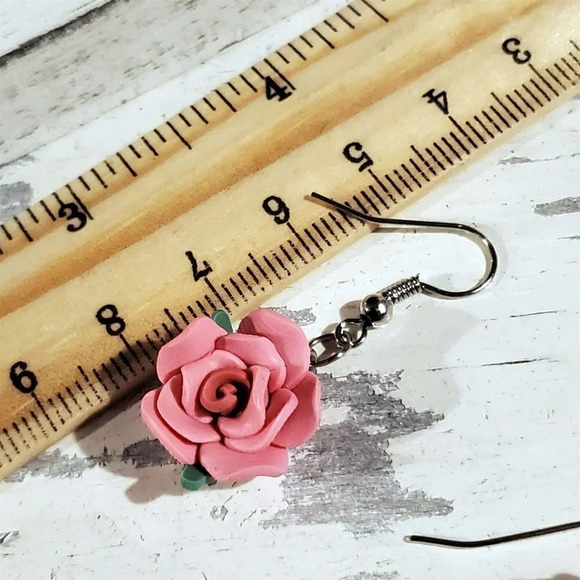 Pink Rose Flower Handcrafted Fimo Polymer Clay Bead Dangle Earrings - Picture 5 of 5